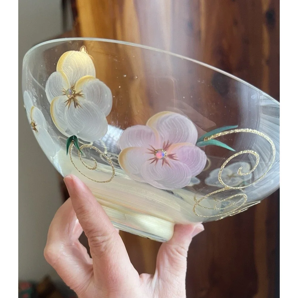 Madigan Australia Hand Painted Art Glass Floral‎ Bowl Gold Rhinestone Cottage